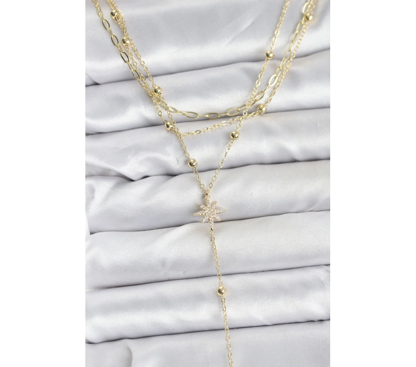 Pirinç Gold Renk Kutup Yıldızı Detaylı 3lü Kombin Kadın Kolye