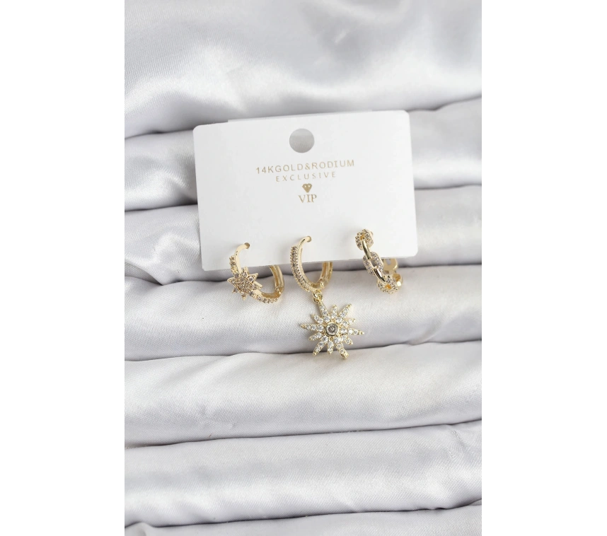 Pirinç Gold Renk Kutup Yıldızı Model 3lü Kadın Küpe Seti