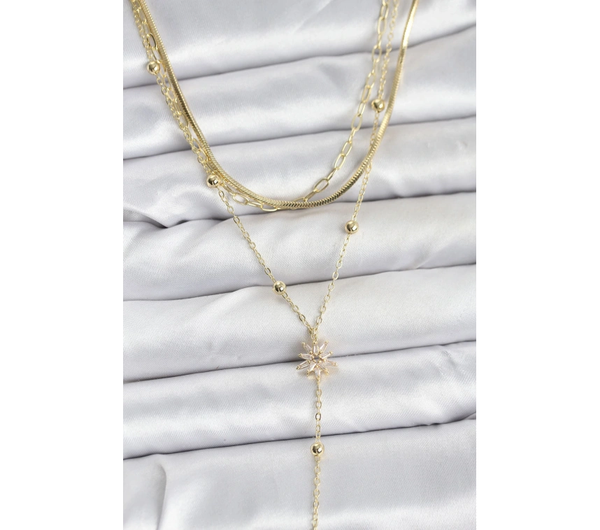 Pirinç Gold Renk Kutup Yıldızı Model Detaylı 3lü Kombin Y Kadın Kolye