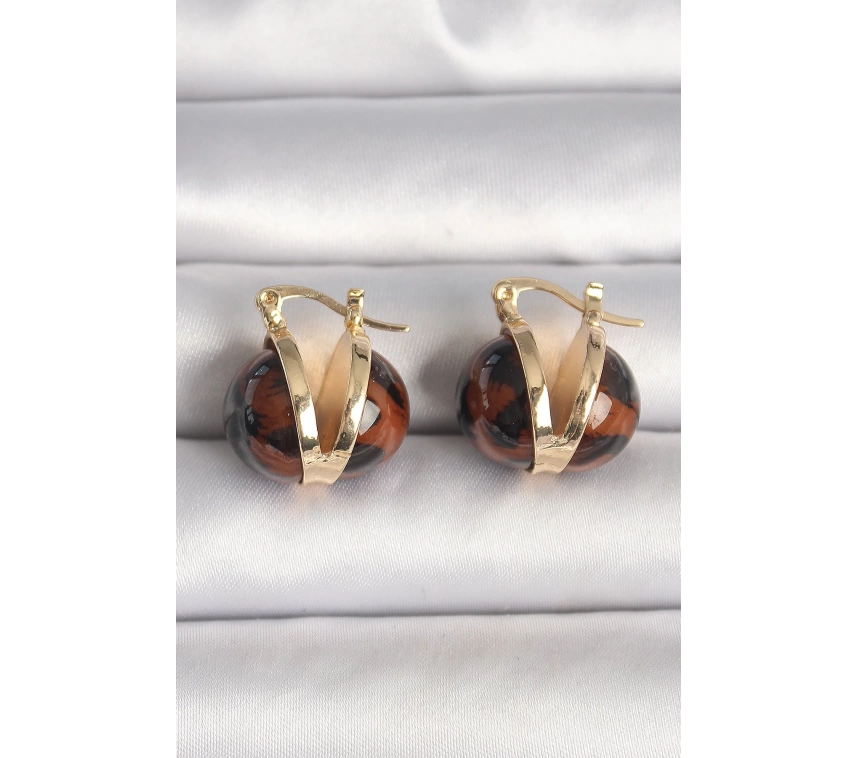 Pirinç Gold Renk Leopar Desen 3D Daire Model Kadın Küpe