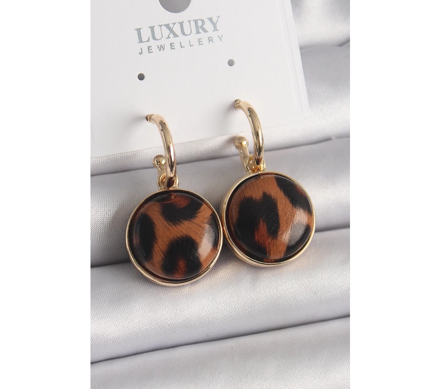 Pirinç Gold Renk Leopar Desenli Daire Model Kadın Küpe
