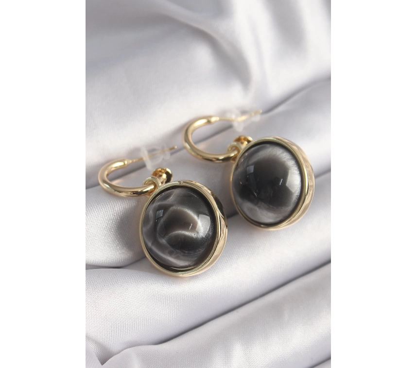Pirinç Gold Renk Oniks Doğal Taşlı Vintage Kadın Küpe