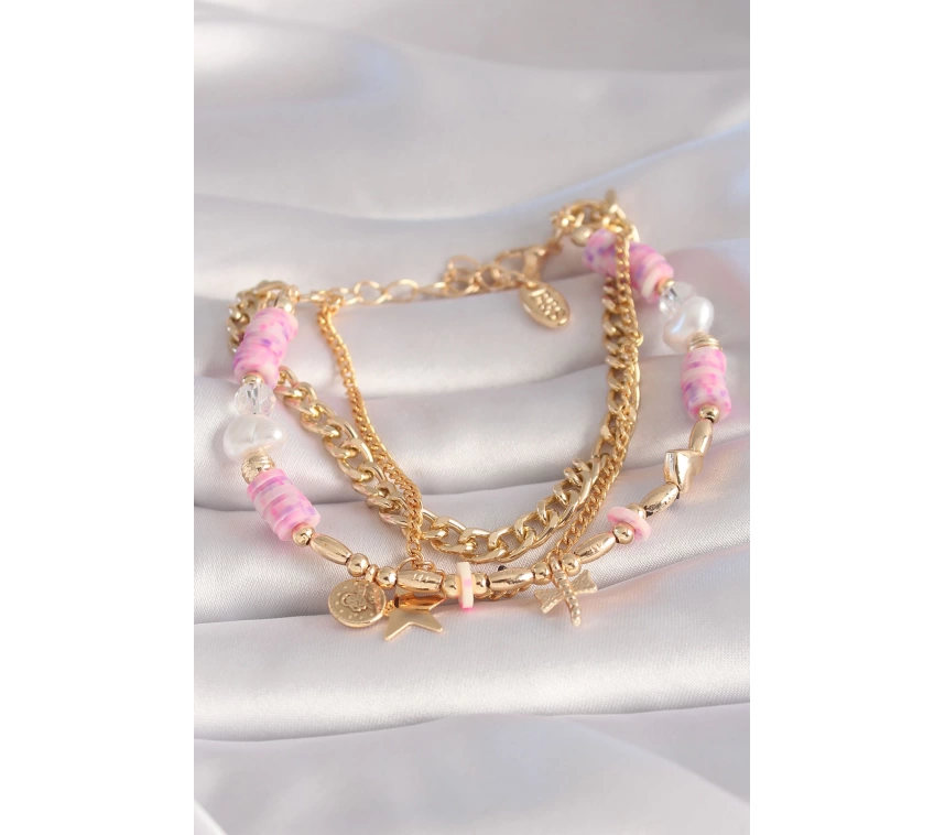 Pirinç Gold Renk Pembe Boncuklu Yıldız Figür Çoklu Kadın Bileklik