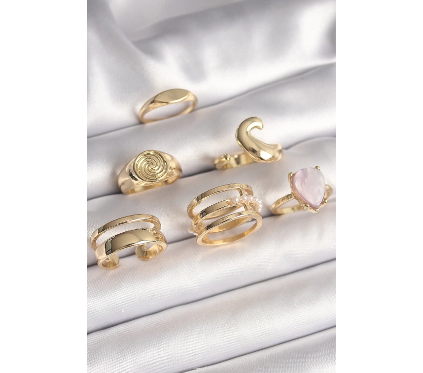 Pirinç Gold Renk Pembe Damla Mineli Sarmal İşleme Detaylı 6Lı Kadın Yüzük Seti