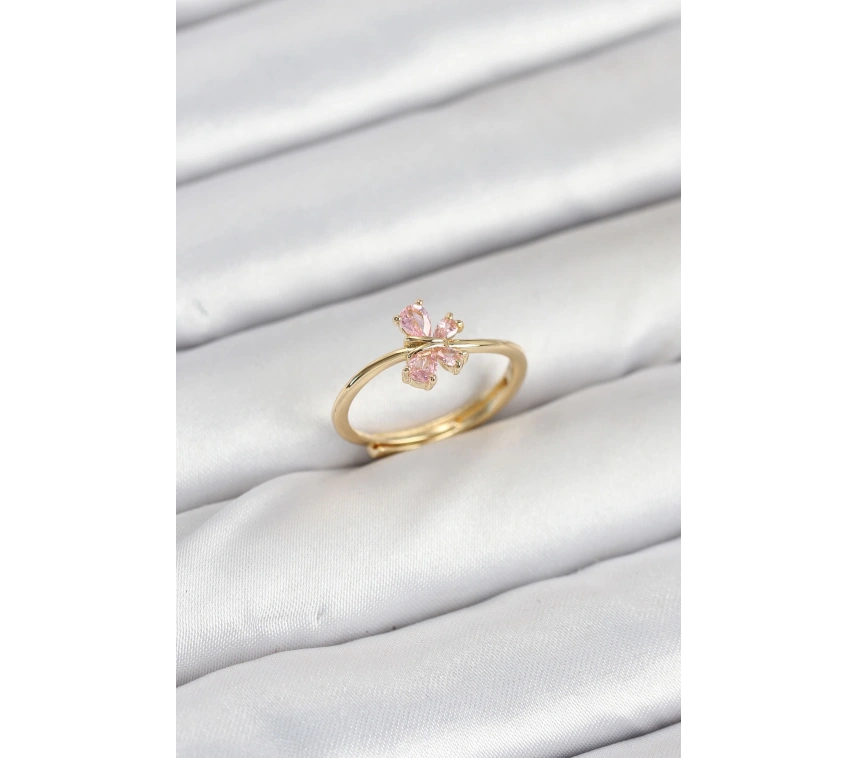Pirinç Gold Renk Pembe Kelebek Kadın Yüzük