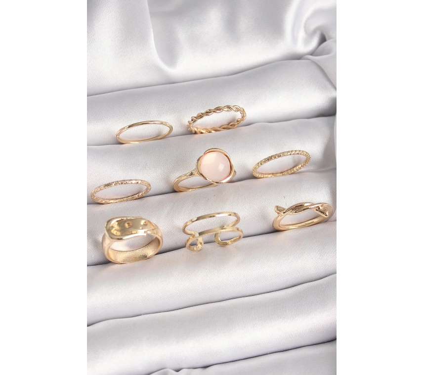 Pirinç Gold Renk Pembe Mineli Kemer Model Kadın Yüzük Kombini
