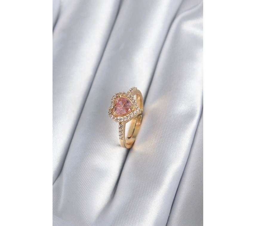 Pirinç Gold Renk Pembe Zirkon Taş Kalp Charm Model Kadın Yüzük