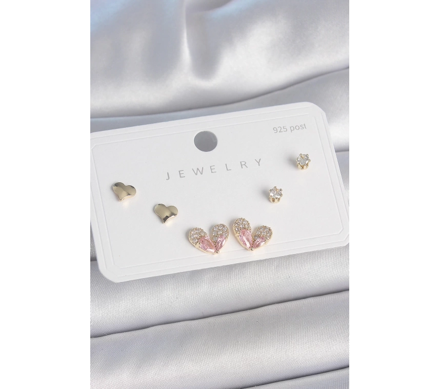 Pirinç Gold Renk Pembe Zirkon Taşlı Kalp Model 925 Ayar Gümüş Çivi Kadın Küpe Seti