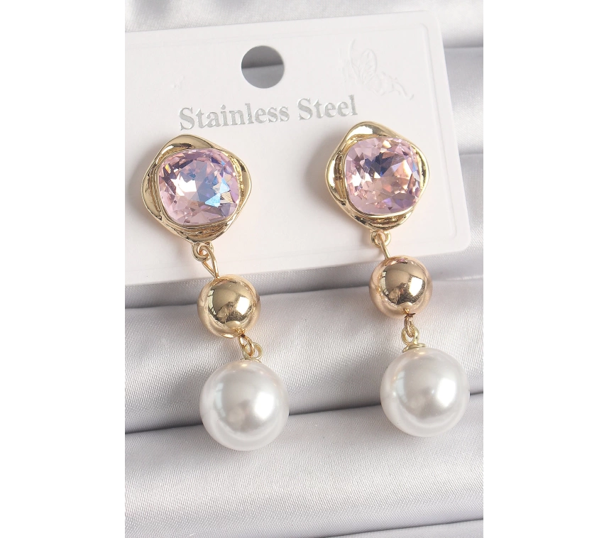 Pirinç Gold Renk Pembe Zirkon Taşlı Sallantı İnci Detay Kadın Küpe
