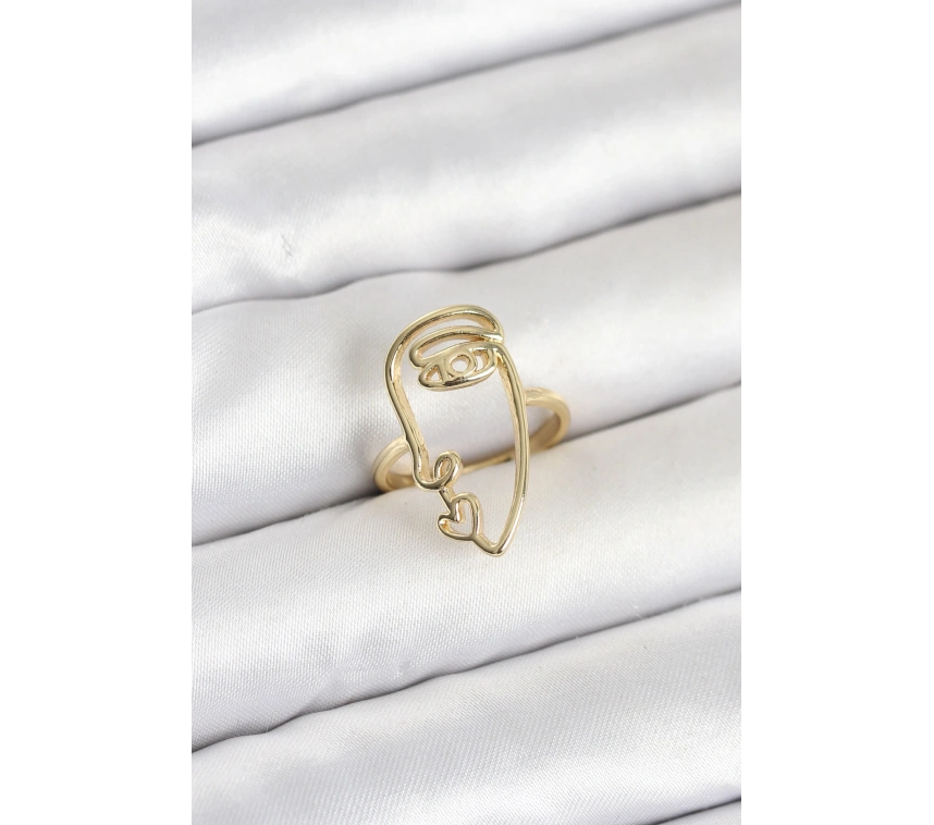 Pirinç Gold Renk Picasso Tarzı Tek Çizgi Yüz Model Kadın Yüzük