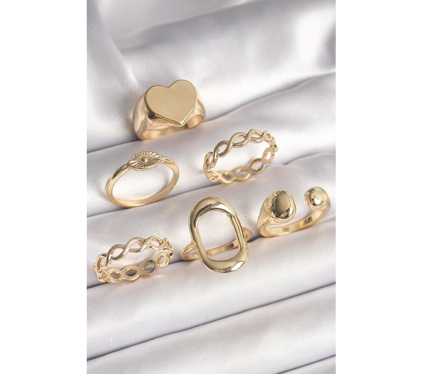 Pirinç Gold Renk Plaka Kalp Model Göz İşleme Detayı 6Lı Kadın Yüzük Seti