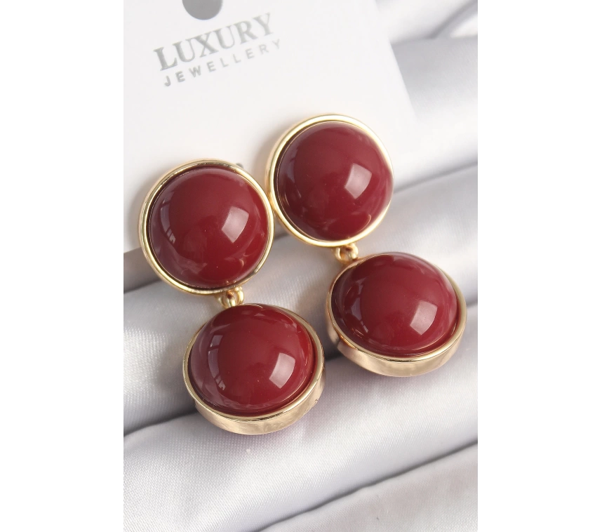 Pirinç Gold Renk Sallantı Bordo Daire Model Kadın Küpe