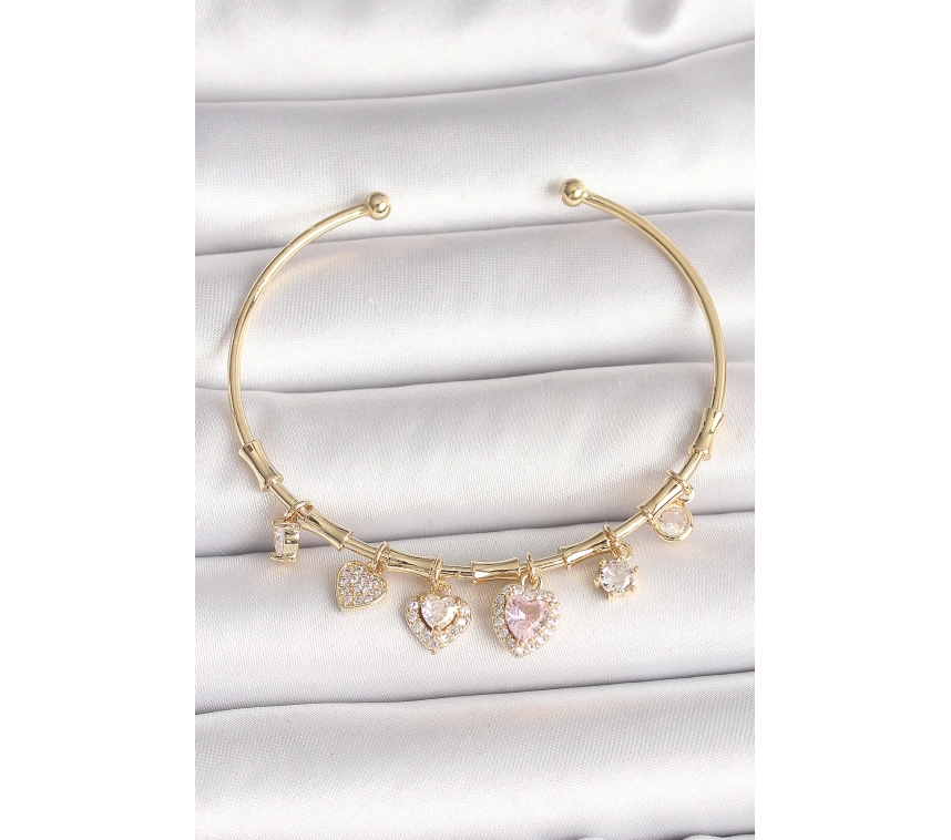 Pirinç Gold Renk Sallantı Pembe Zirkon Taşlı Kalp Figür Charm Kadın Bileklik