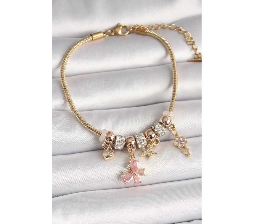 Pirinç Gold Renk Sallantı Pembe Zirkon Taşlı Kelebek Figür Çiçek Detay Charm Kadın Bileklik