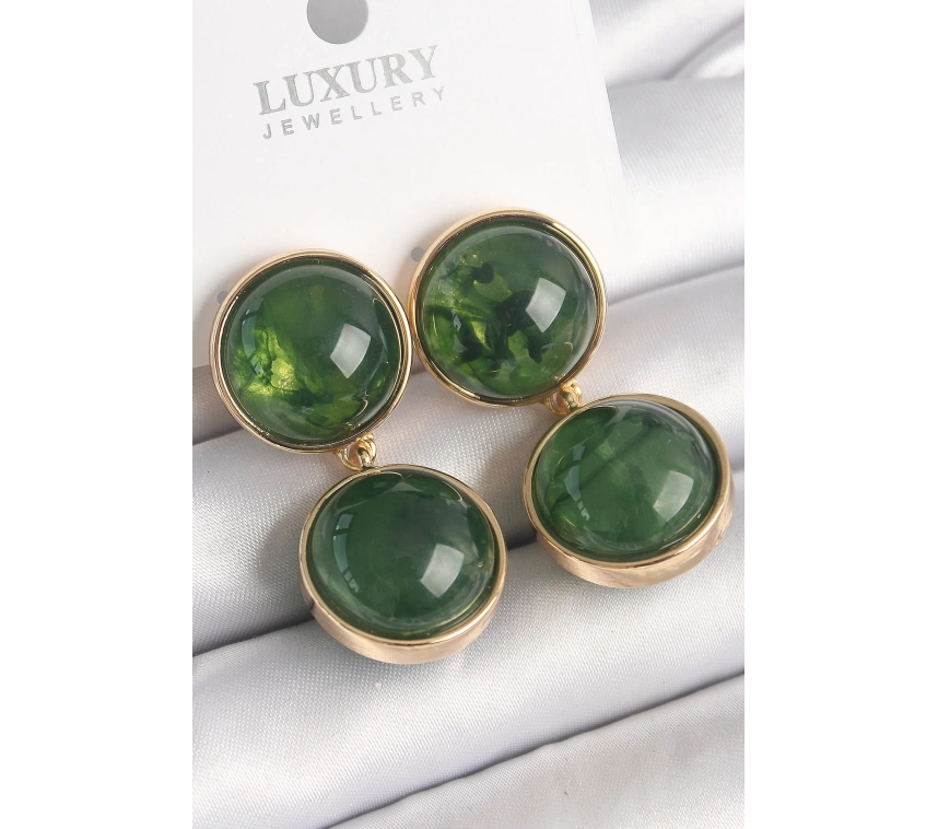 Pirinç Gold Renk Sallantı Yeşil Mineli Daire Model Kadın Küpe