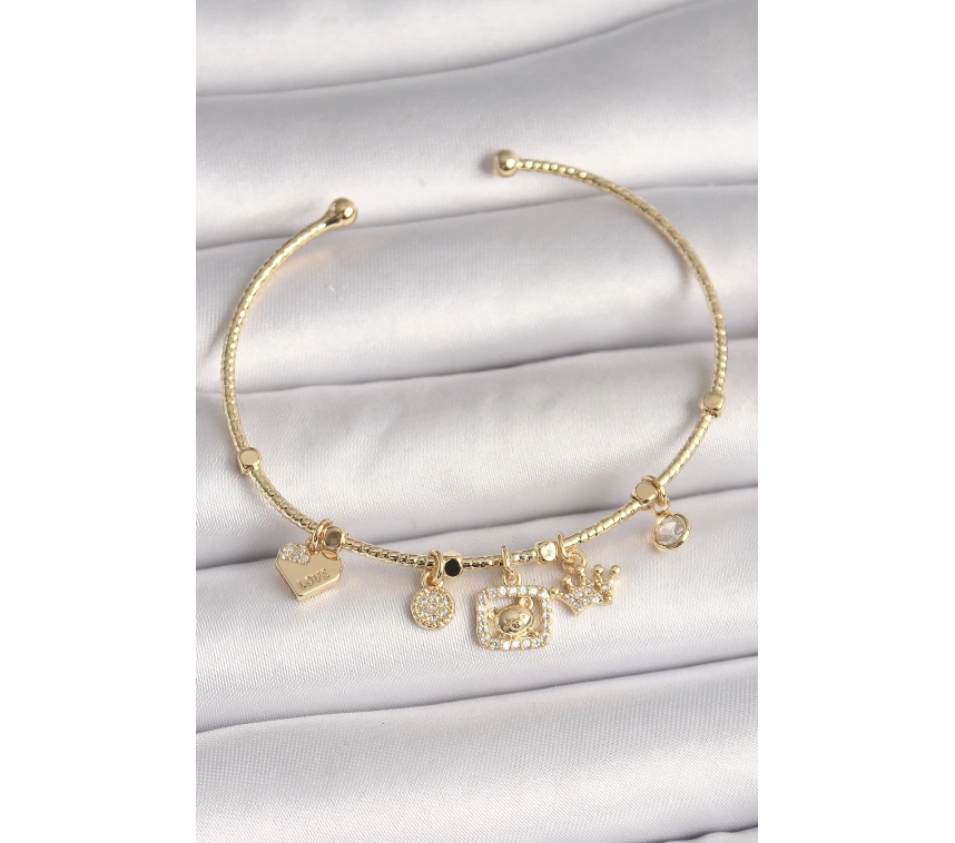 Pirinç Gold Renk Sallantı Zirkon Taşlı Ayıcık Figür Taç Detay Charm Kadın Bileklik