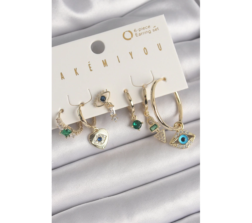 Pirinç Gold Renk Sallantı Zirkon Taşlı Göz Figür VIP Seri Kadın Küpe Seti