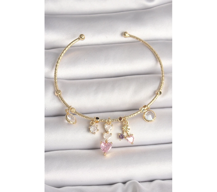 Pirinç Gold Renk Sallantı Zirkon Taşlı Kalp Figür Pembe Kalp Detay Charm Kadın Bileklik