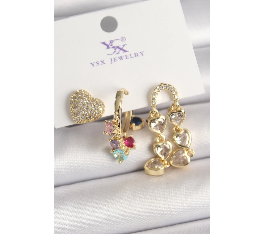 Pirinç Gold Renk Sallantı Zirkon Taşlı Kalp Model 3Lü Kadın Kombin Küpe