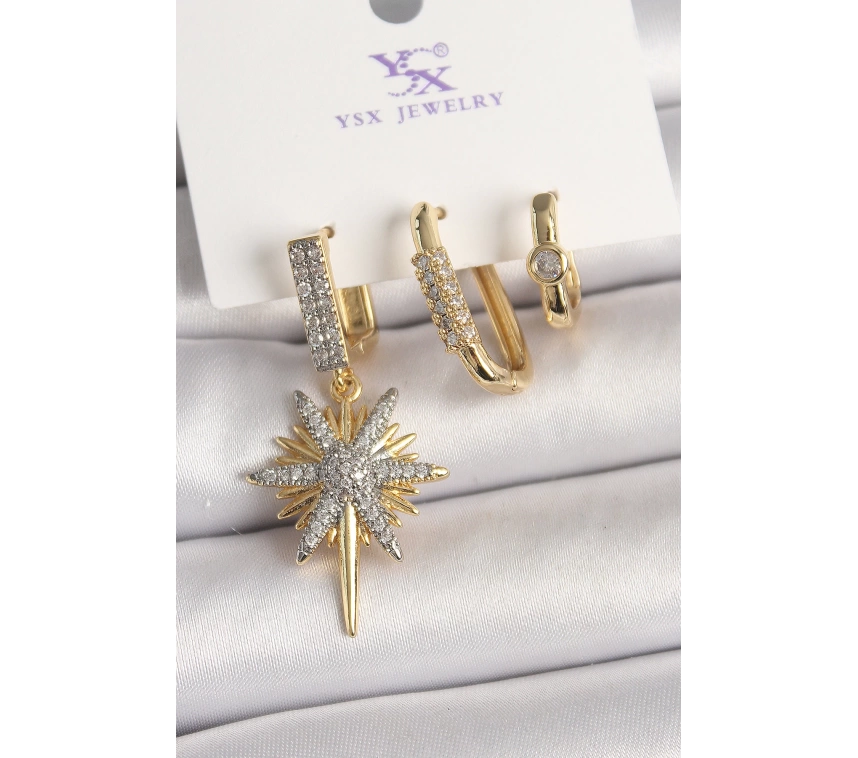 Pirinç Gold Renk Sallantı Zirkon Taşlı Kutup Yıldız Model 3Lü Kadın Kombin Küpe