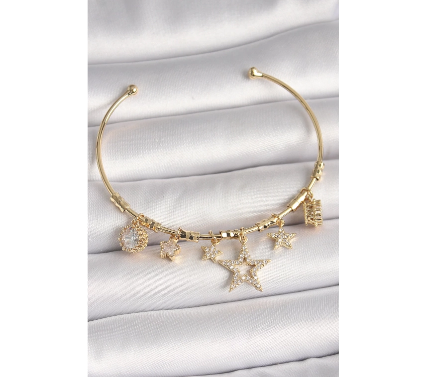 Pirinç Gold Renk Sallantı Zirkon Taşlı Yıldız Model Kalp Detay Charm Kadın Bileklik