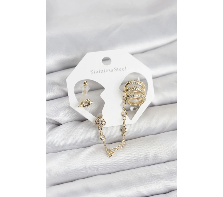 Pirinç Gold Renk Sarmal Model Zincir Bağlantılı Ear Cuff Küpe Seti