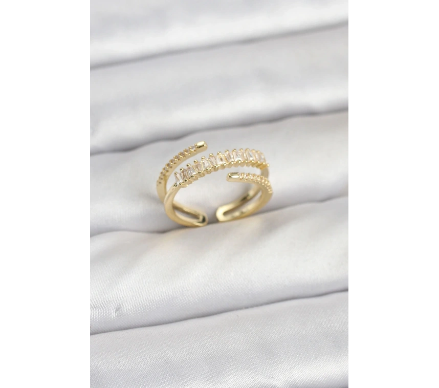 Pirinç Gold Renk Sıralı Baget Zirkon Taşlı Kadın Yüzük