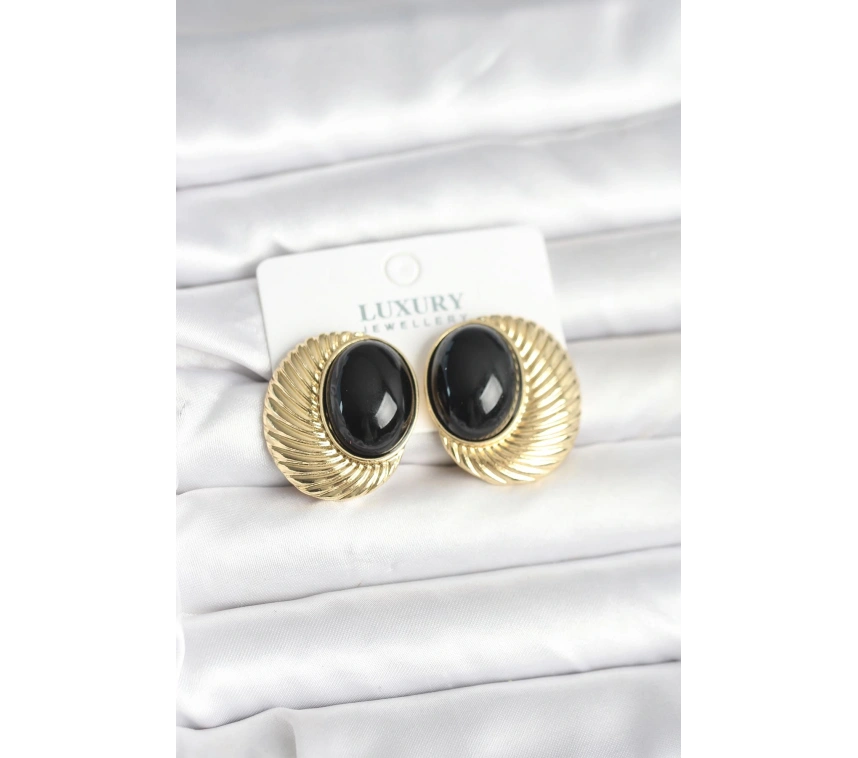 Pirinç Gold Renk Siyah Boncuklu Oval Vintage Kadın Küpe