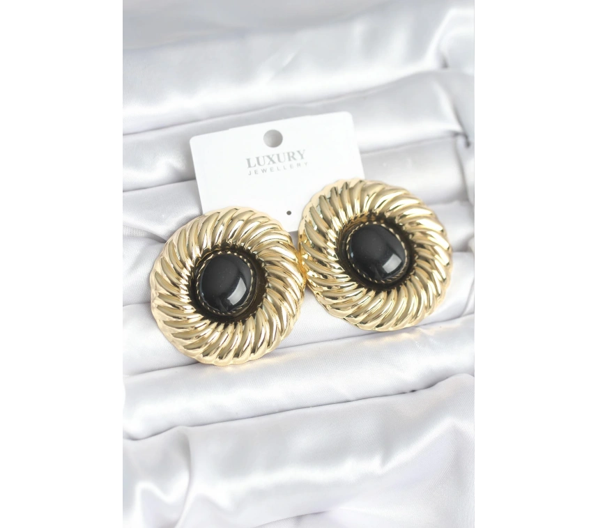 Pirinç Gold Renk Siyah Boncuklu Vintage Kadın Küpe