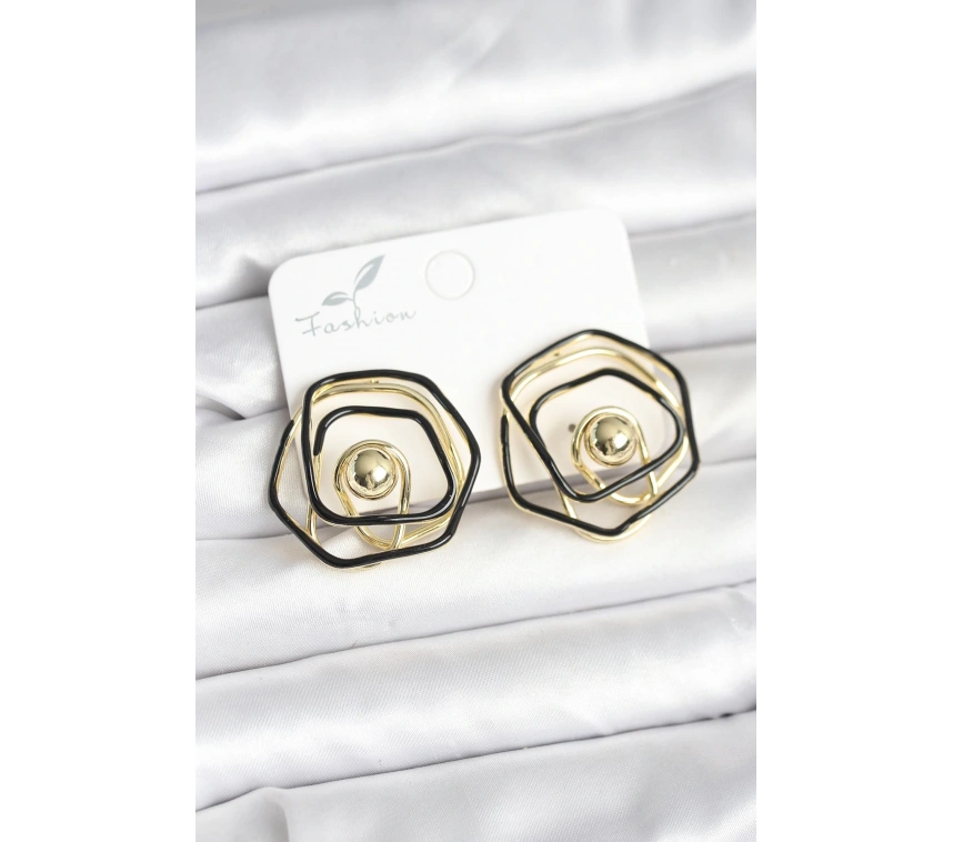 Pirinç Gold Renk Siyah Mineli Geometrik Gül Model Kadın Küpe