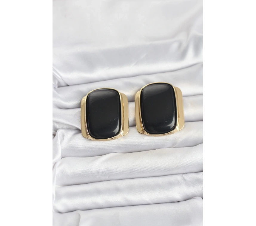 Pirinç Gold Renk Siyah Plaka Vintage Kadın Küpe