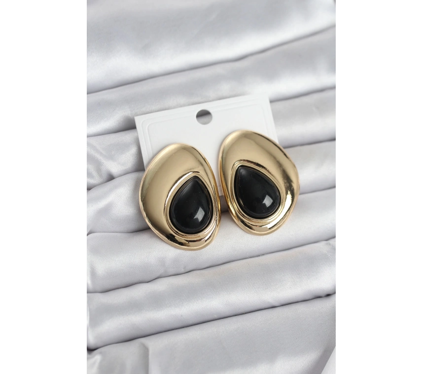 Pirinç Gold Renk Siyah Taşlı Damla Model Vintage Kadın Küpe