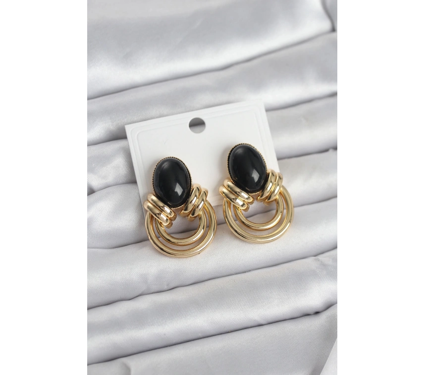 Pirinç Gold Renk Siyah Taşlı Vintage Kadın Küpe