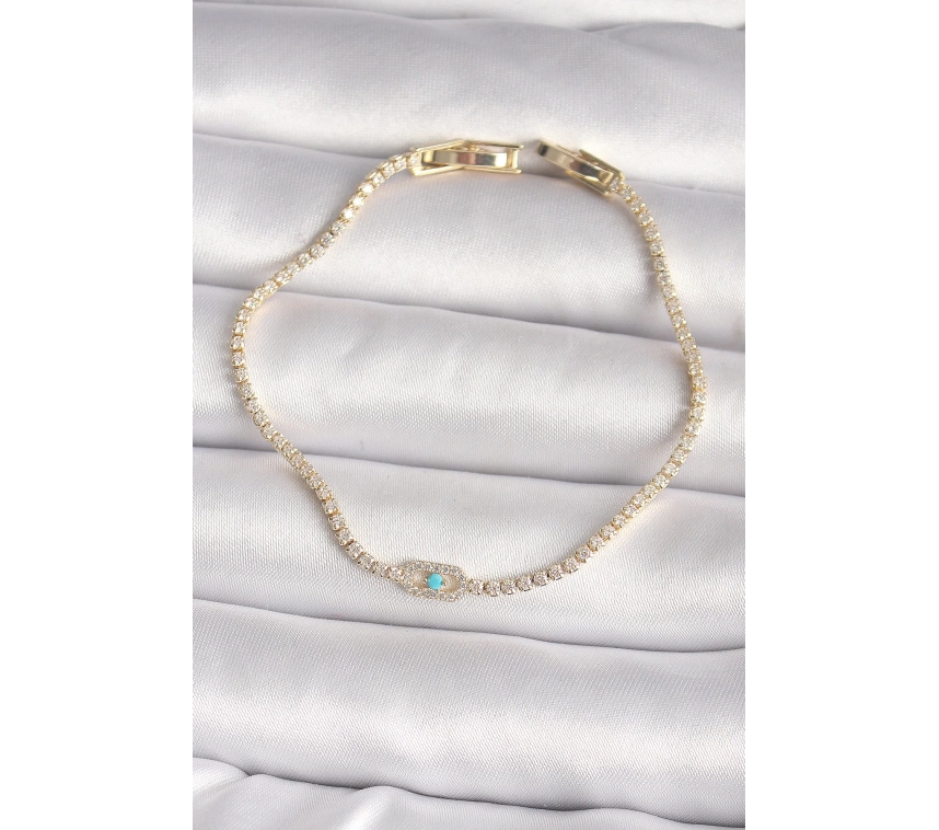 Pirinç Gold Renk Su Yolu Zirkon Taşlı Mavi Taşlı Messika Model Kadın Bileklik