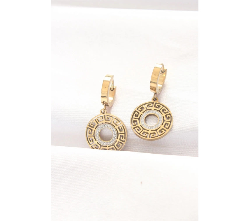 Pirinç Gold Renk Taşlı Oval Küpe