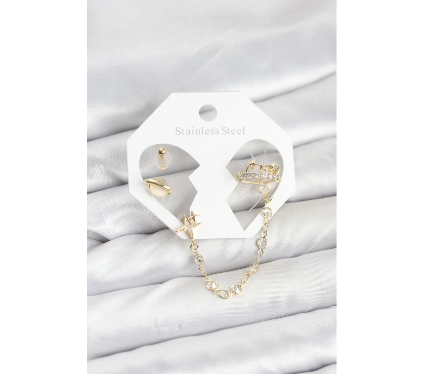 Pirinç Gold Renk Uzay Model Zincir Bağlantılı Ear Cuff Küpe Seti