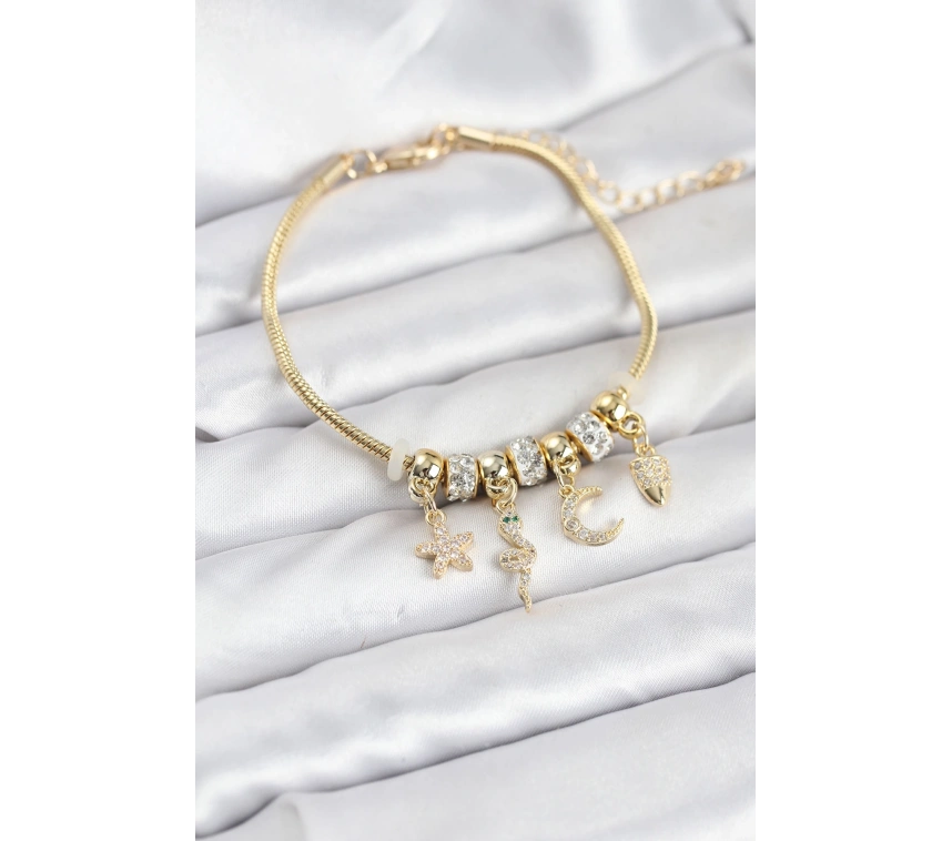 Pirinç Gold Renk Yılan Charmlı Kadın Bileklik