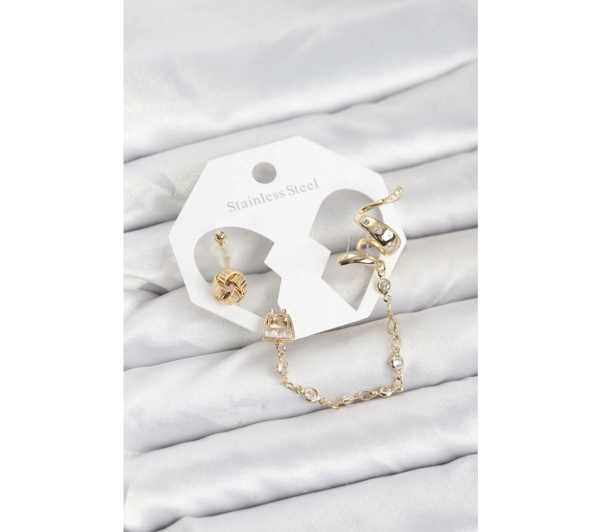 Pirinç Gold Renk Yılan Model Zincir Bağlantılı Ear Cuff Küpe Seti