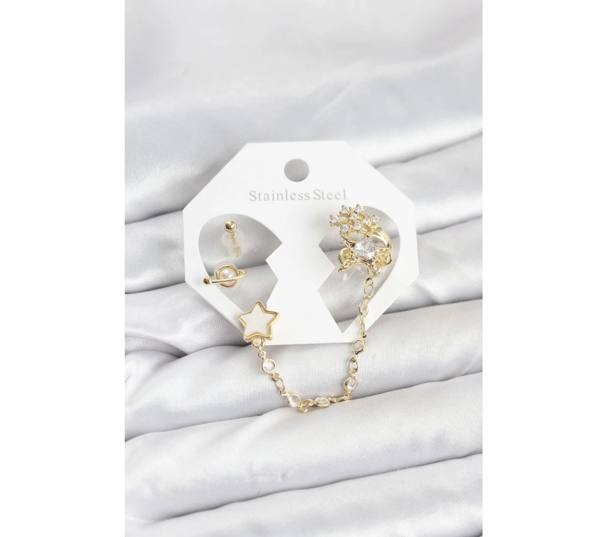 Pirinç Gold Renk Yıldız Model Zincir Bağlantılı Ear Cuff Küpe Seti