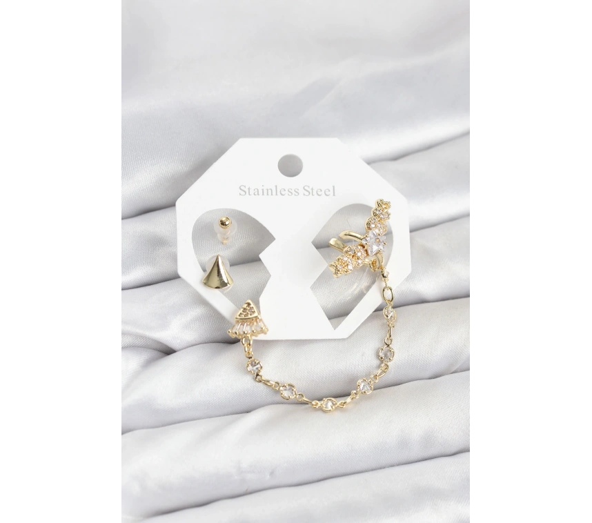 Pirinç Gold Renk Yıldızlı Model Zincir Bağlantılı Ear Cuff Küpe Seti