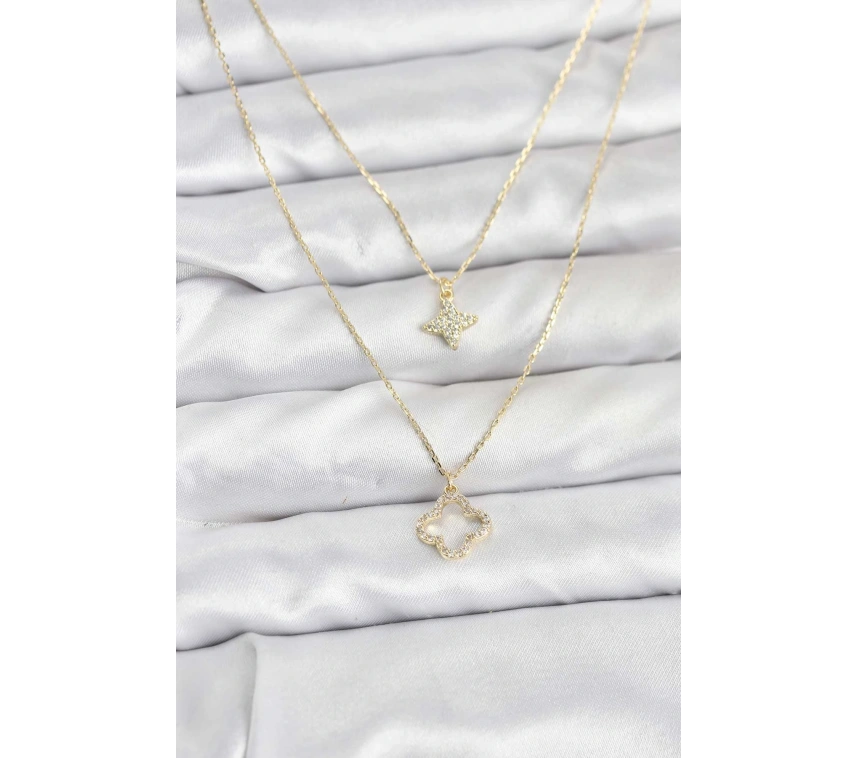 Pirinç Gold Renk Yonca Model 2li Kadın Kolye