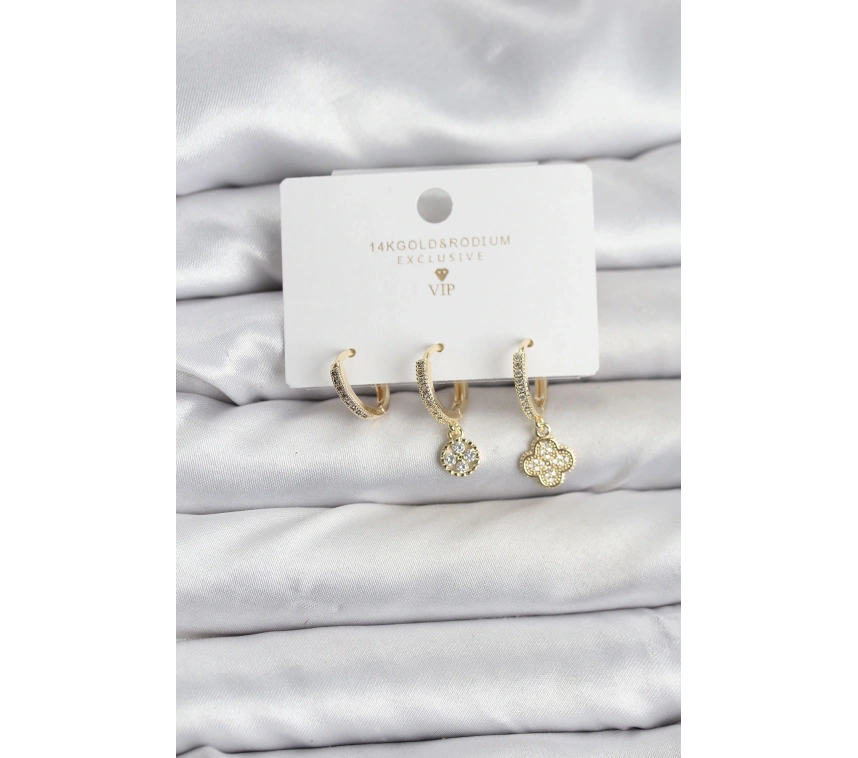 Pirinç Gold Renk Yonca Model 3lü Kadın Küpe Seti