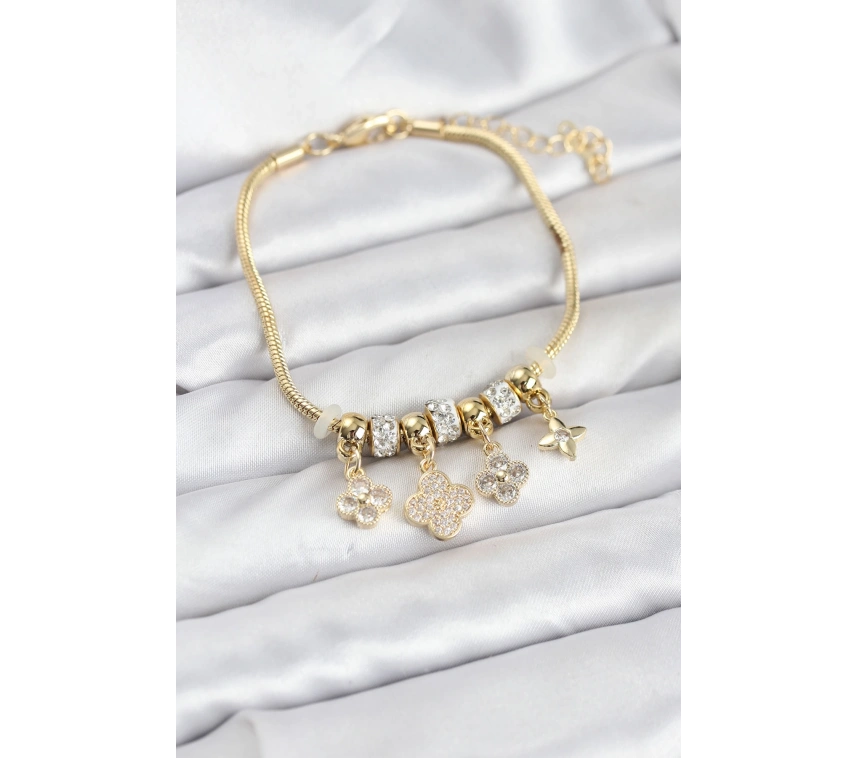 Pirinç Gold Renk Yonca Model Kadın Bileklik