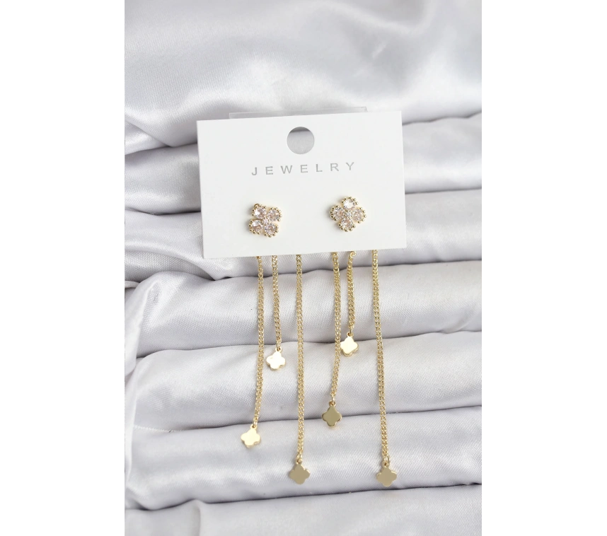 Pirinç Gold Renk Yonca Model Sallantılı Kadın Küpe