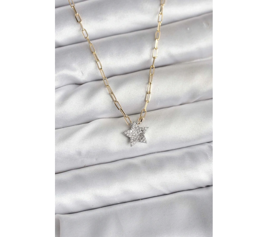 Pirinç Gold Renk Zincirli Zirkon Taşlı Minimal Yıldız Model Kadın Kolye