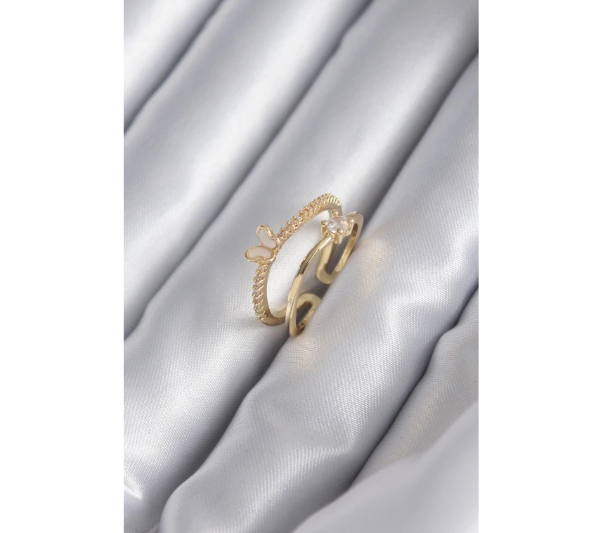 Pirinç Gold Renk Zirkon Taş Detay Kelebek Model Kadın Yüzük