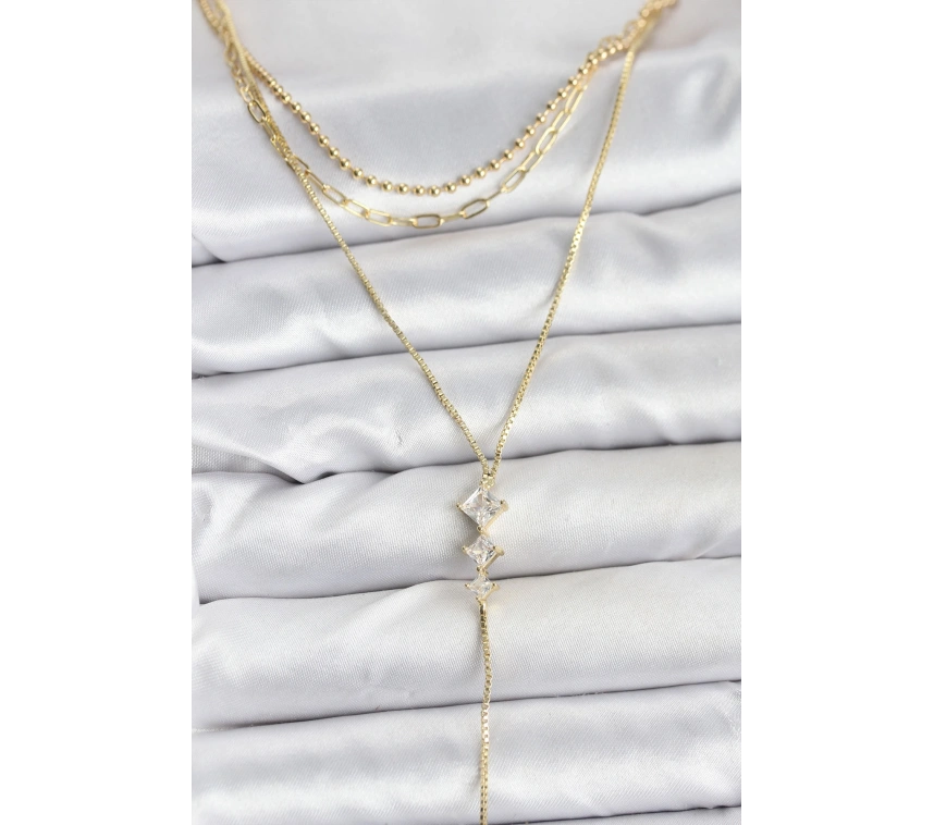 Pirinç Gold Renk Zirkon Taş Detaylı 3lü Kombin Y Kadın Kolye