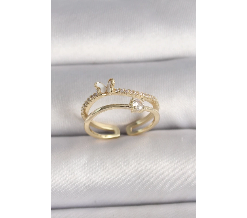 Pirinç Gold Renk Zirkon Taş Detaylı Kelebek Figür Ayarlanabilir Yüzük