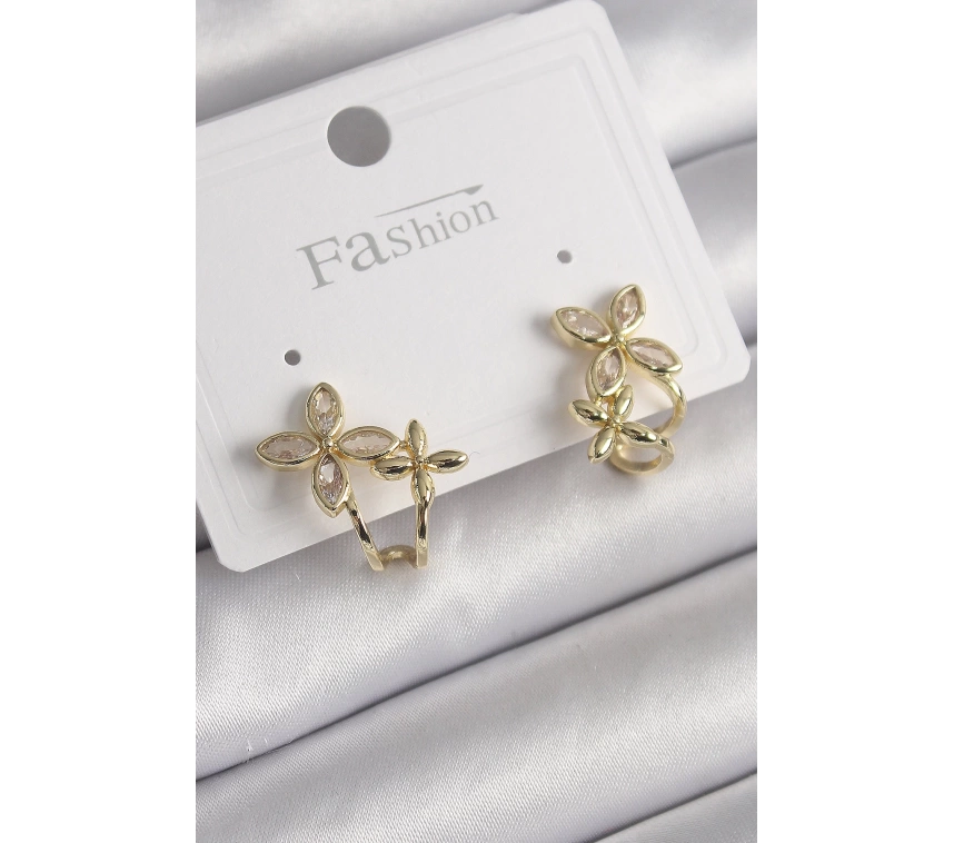 Pirinç Gold Renk Zirkon Taşlı 2Li Çiçek Model Kadın Küpe