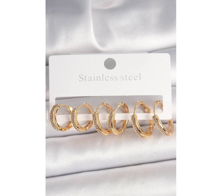 Pirinç Gold Renk Zirkon Taşlı 3 Çift Daire Model Kadın Küpe